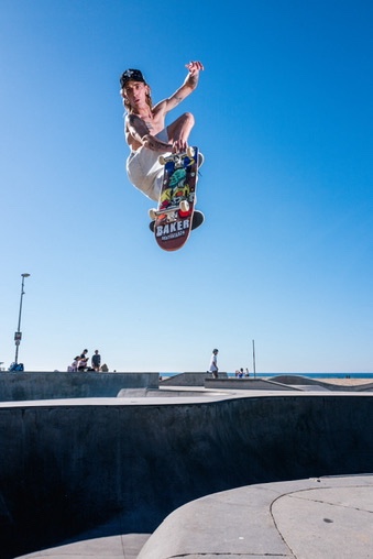 Haden McKenna launching an air over the bowl at Venice Skatepark.