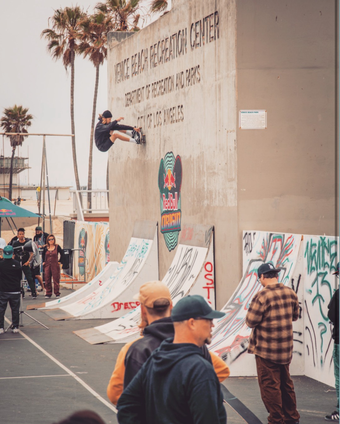 Haden performing a Red Bull wall trick at Venice Beach.