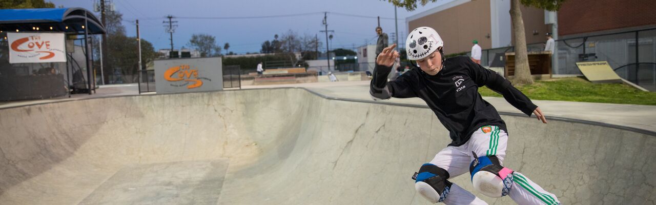 Wide view of The Cove Skatepark at Memorial Park in Santa Monica.